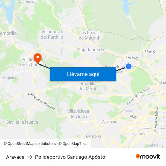 Aravaca to Polideportivo Santiago Apóstol map
