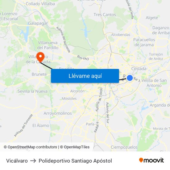 Vicálvaro to Polideportivo Santiago Apóstol map