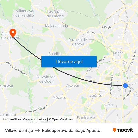 Villaverde Bajo to Polideportivo Santiago Apóstol map