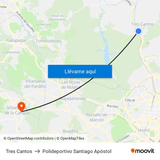 Tres Cantos to Polideportivo Santiago Apóstol map