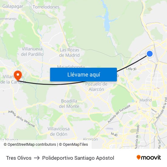 Tres Olivos to Polideportivo Santiago Apóstol map