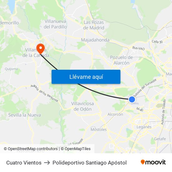 Cuatro Vientos to Polideportivo Santiago Apóstol map