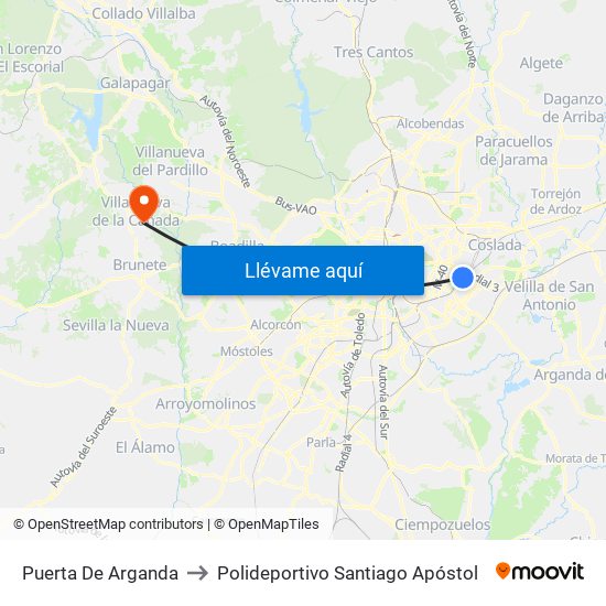 Puerta De Arganda to Polideportivo Santiago Apóstol map