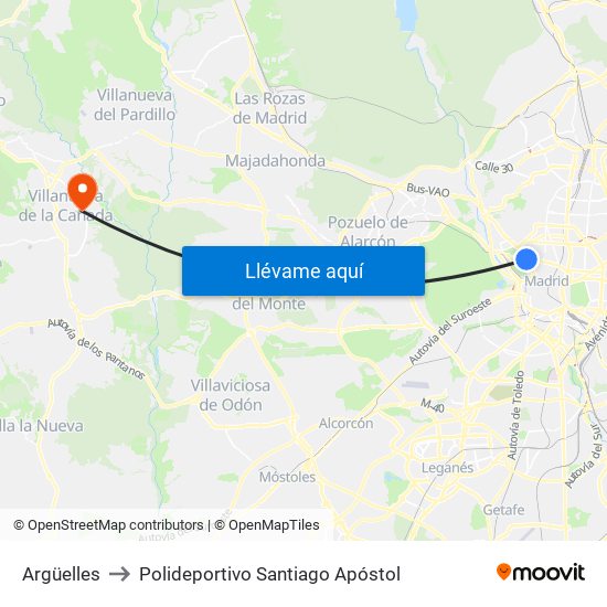 Argüelles to Polideportivo Santiago Apóstol map