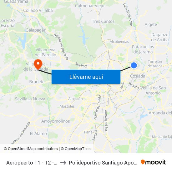 Aeropuerto T1 - T2 - T3 to Polideportivo Santiago Apóstol map