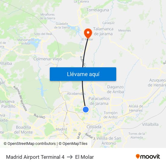 Madrid Airport Terminal 4 to El Molar map