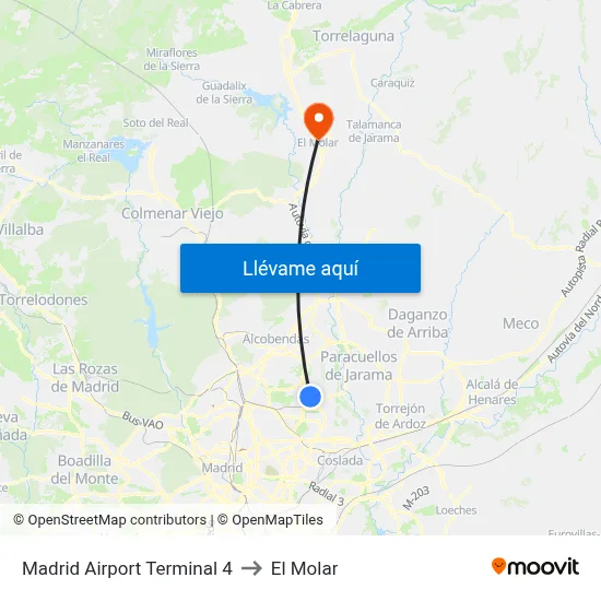 Madrid Airport Terminal 4 to El Molar map