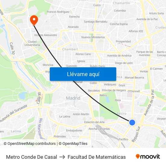 Metro Conde De Casal to Facultad De Matemáticas map