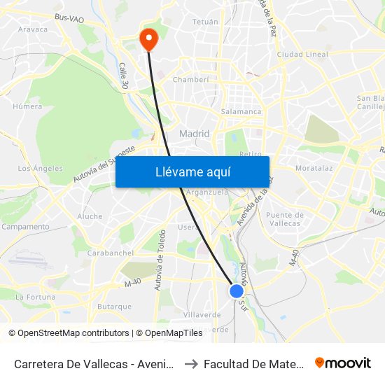Carretera De Vallecas - Avenida Rosales to Facultad De Matemáticas map
