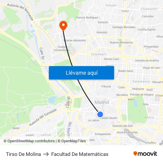 Tirso De Molina to Facultad De Matemáticas map