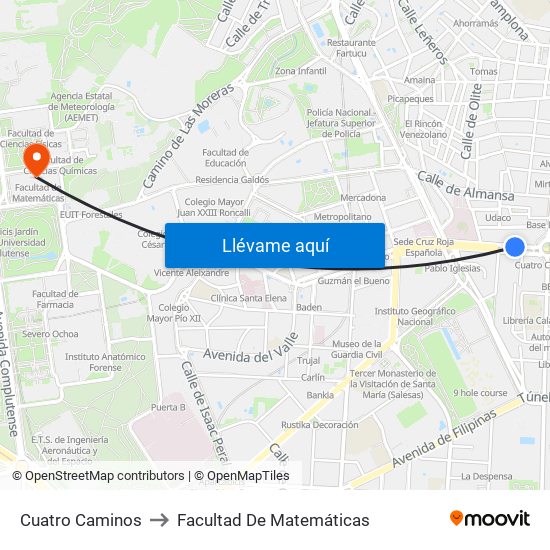 Cuatro Caminos to Facultad De Matemáticas map