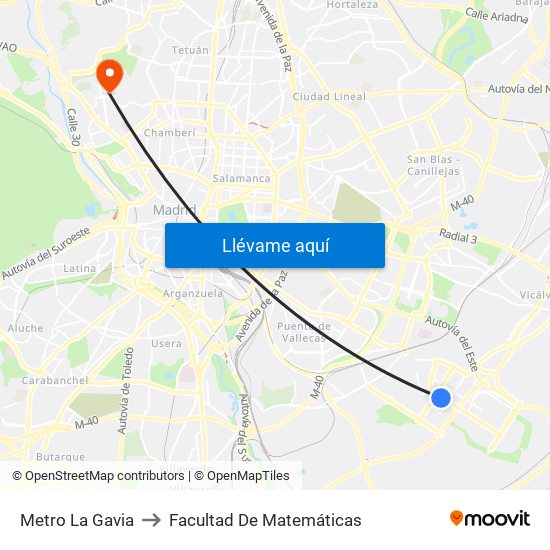 Metro La Gavia to Facultad De Matemáticas map