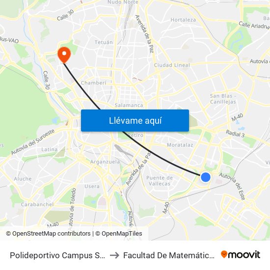 Polideportivo Campus Sur to Facultad De Matemáticas map