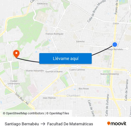 Santiago Bernabéu to Facultad De Matemáticas map