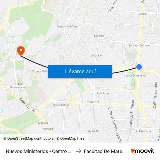 Nuevos Ministerios - Centro Comercial to Facultad De Matemáticas map