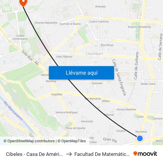 Cibeles - Casa De América to Facultad De Matemáticas map
