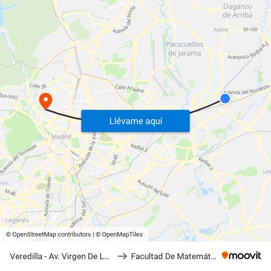 Veredilla - Av. Virgen De Loreto to Facultad De Matemáticas map