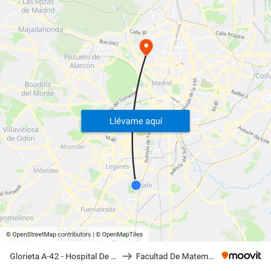 Glorieta A-42 - Hospital De Getafe to Facultad De Matemáticas map