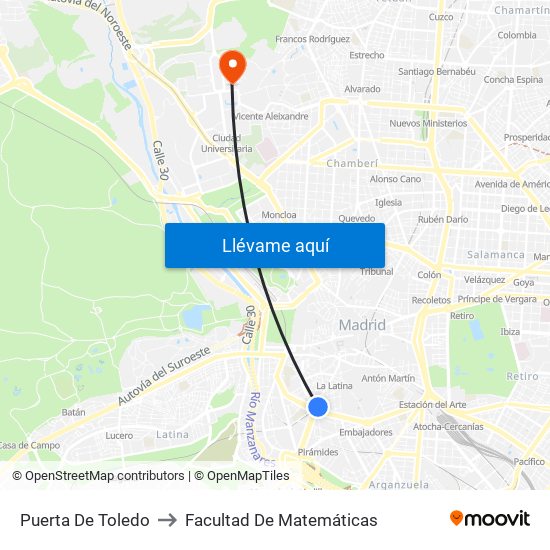 Puerta De Toledo to Facultad De Matemáticas map