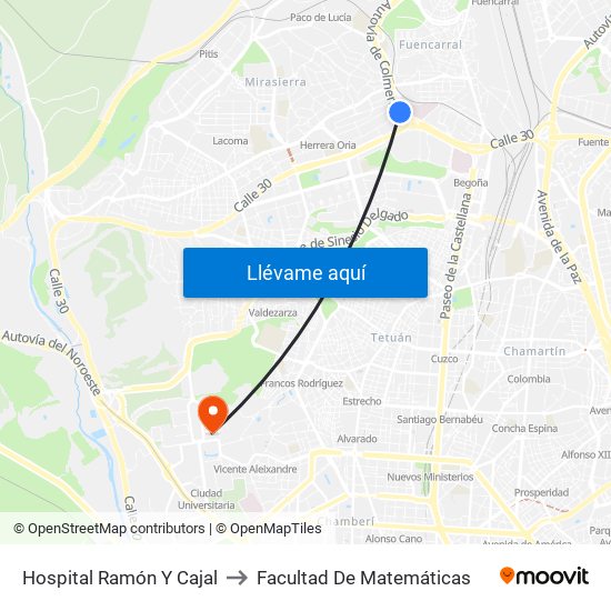 Hospital Ramón Y Cajal to Facultad De Matemáticas map