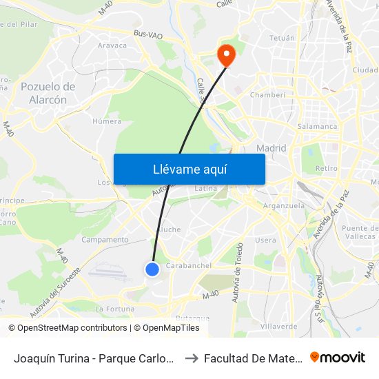 Joaquín Turina - Parque Carlos Matallanas to Facultad De Matemáticas map