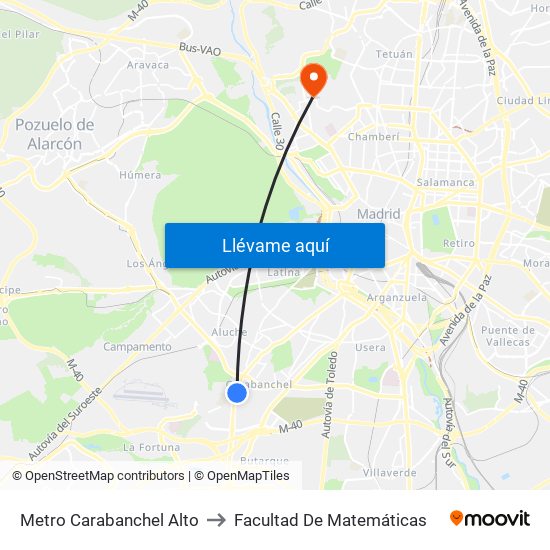 Metro Carabanchel Alto to Facultad De Matemáticas map
