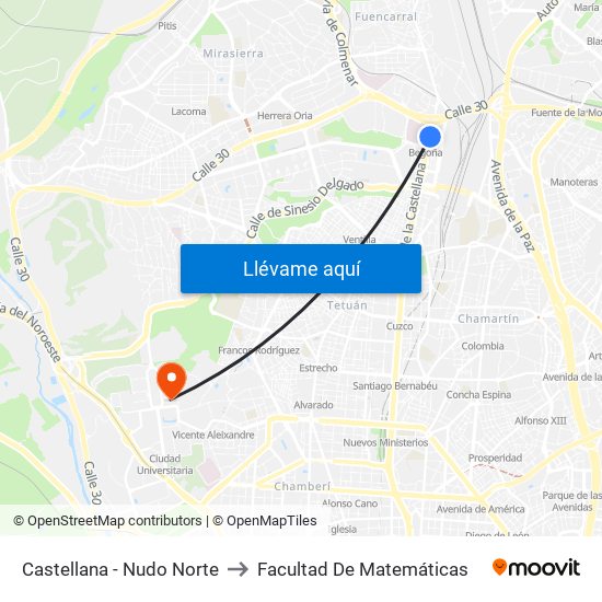 Castellana - Nudo Norte to Facultad De Matemáticas map