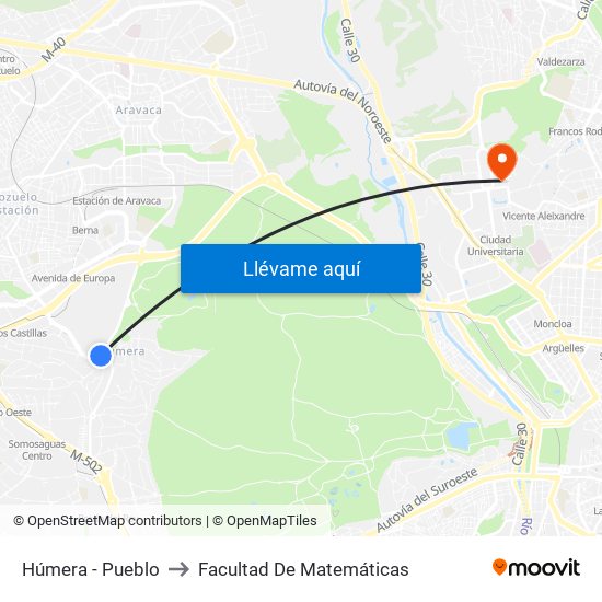 Húmera - Pueblo to Facultad De Matemáticas map