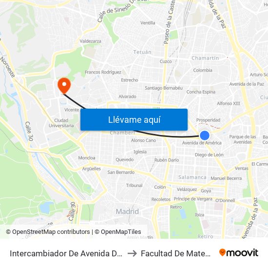 Intercambiador De Avenida De América to Facultad De Matemáticas map