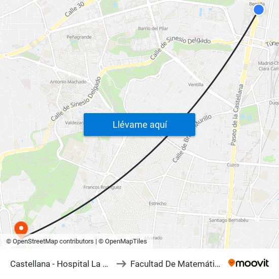 Castellana - Hospital La Paz to Facultad De Matemáticas map