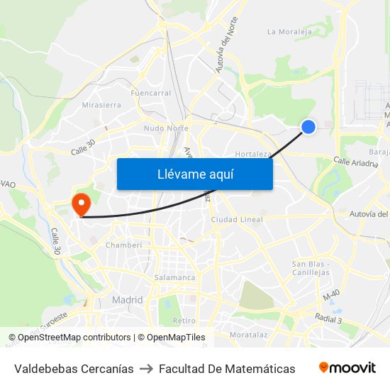 Valdebebas Cercanías to Facultad De Matemáticas map