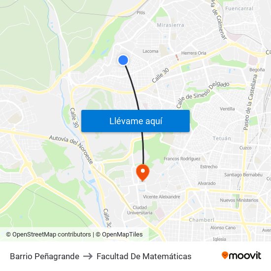 Barrio Peñagrande to Facultad De Matemáticas map