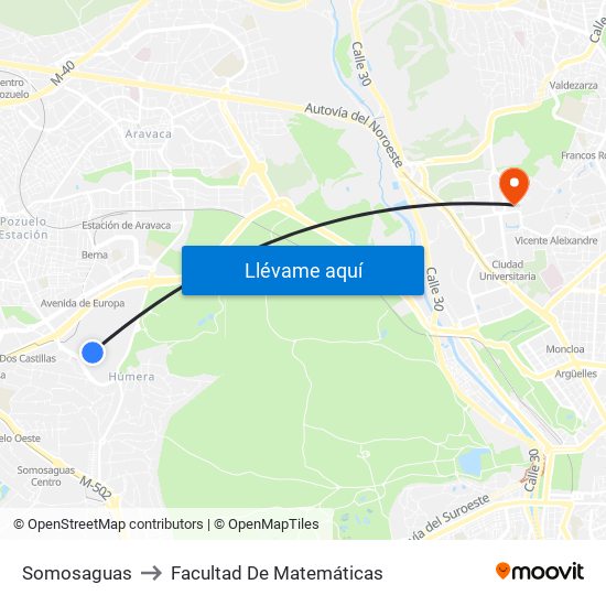 Somosaguas to Facultad De Matemáticas map