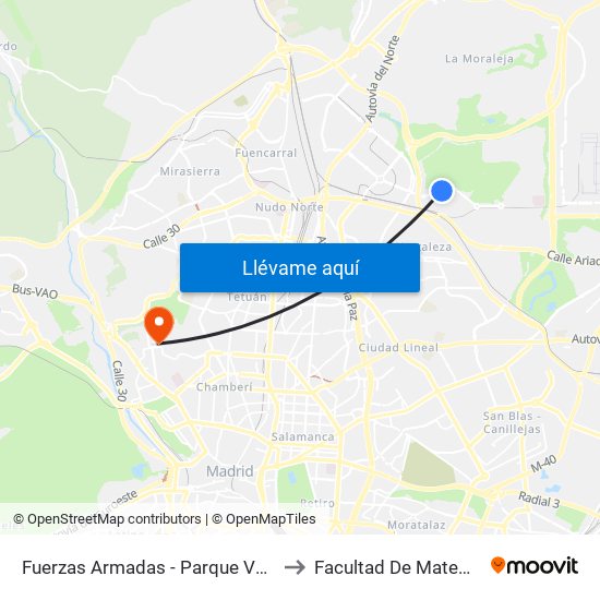 Fuerzas Armadas - Parque Valdebebas to Facultad De Matemáticas map