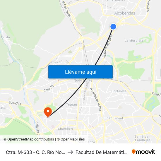 Ctra. M-603 - C. C. Río Norte to Facultad De Matemáticas map