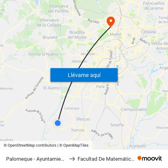 Palomeque - Ayuntamiento to Facultad De Matemáticas map