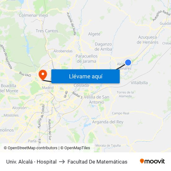 Univ. Alcalá - Hospital to Facultad De Matemáticas map