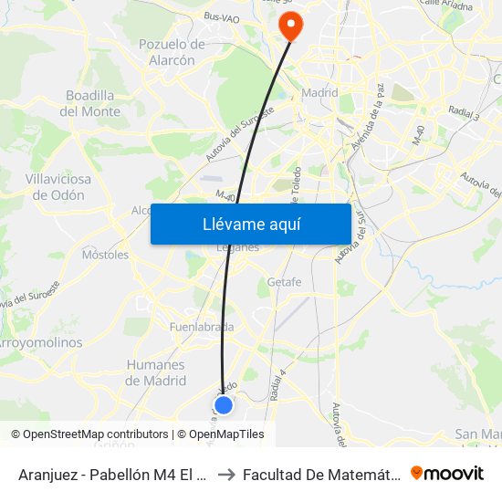 Aranjuez - Pabellón M4 El Nido to Facultad De Matemáticas map