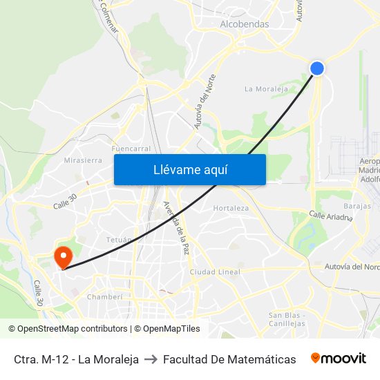 Ctra. M-12 - La Moraleja to Facultad De Matemáticas map