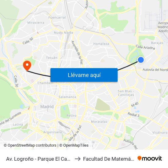 Av. Logroño - Parque El Capricho to Facultad De Matemáticas map