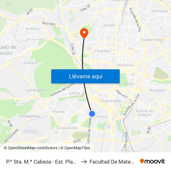 P.º Sta. M.ª Cabeza - Est. Plaza Elíptica to Facultad De Matemáticas map