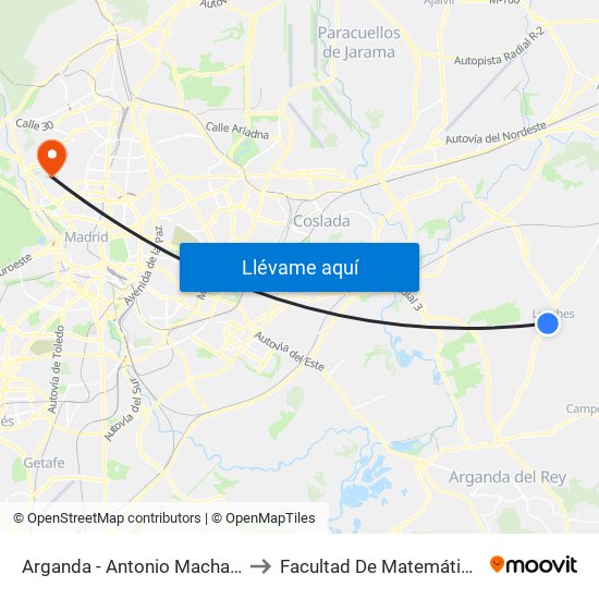 Arganda - Antonio Machado to Facultad De Matemáticas map