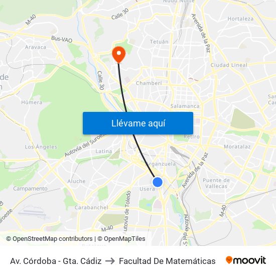 Av. Córdoba - Gta. Cádiz to Facultad De Matemáticas map