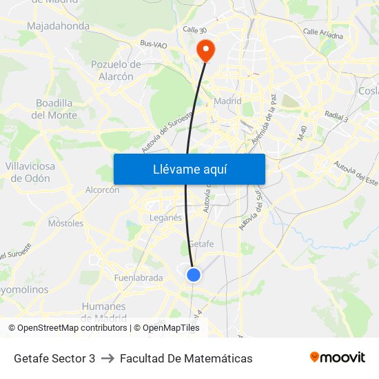 Getafe Sector 3 to Facultad De Matemáticas map