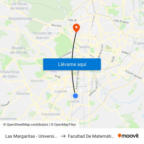 Las Margaritas - Universidad to Facultad De Matemáticas map