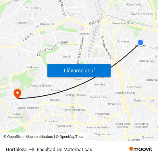 Hortaleza to Facultad De Matemáticas map