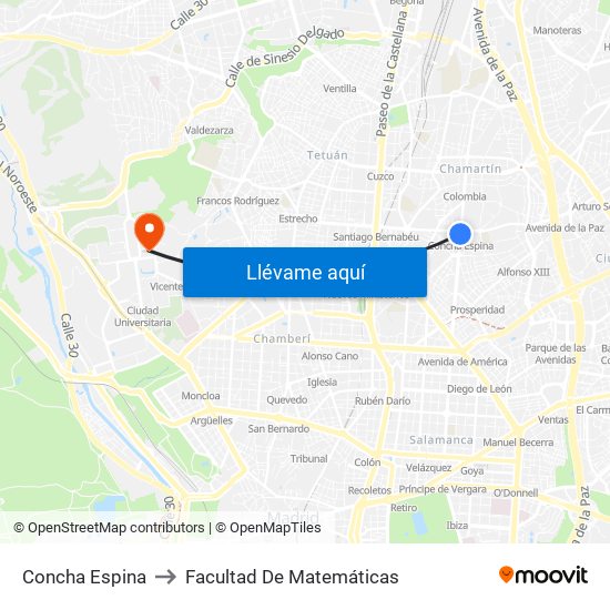 Concha Espina to Facultad De Matemáticas map