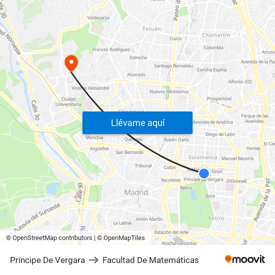 Príncipe De Vergara to Facultad De Matemáticas map