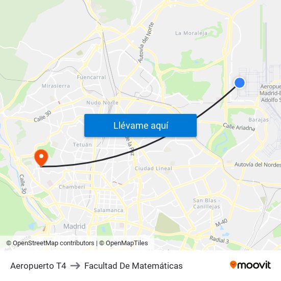 Aeropuerto T4 to Facultad De Matemáticas map