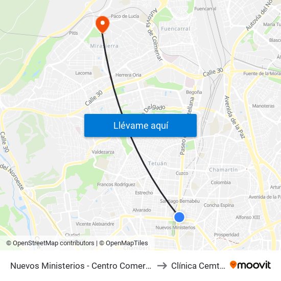 Nuevos Ministerios - Centro Comercial to Clínica Cemtro map